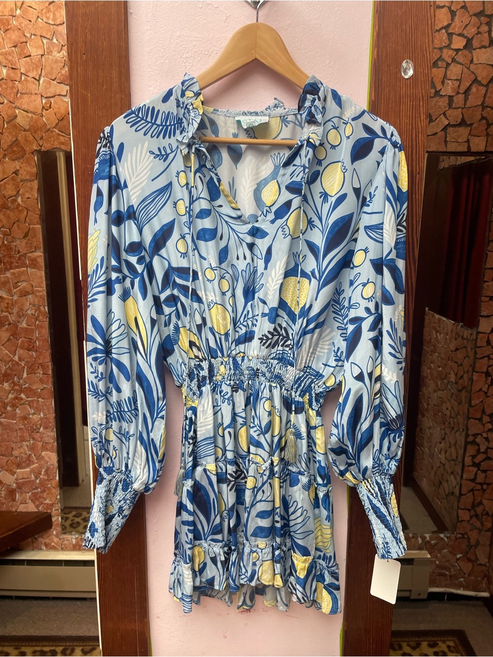 TAJ by Sabrina Crippa Blue and Yellow Floral Long Sleeve Smocked Dress